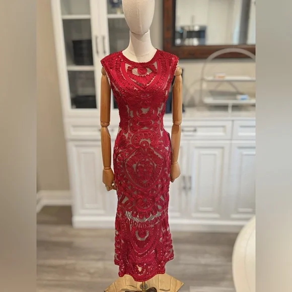 JS Collections Red Sequin Embellished Sheath Midi Dress - Picture 10 of 15